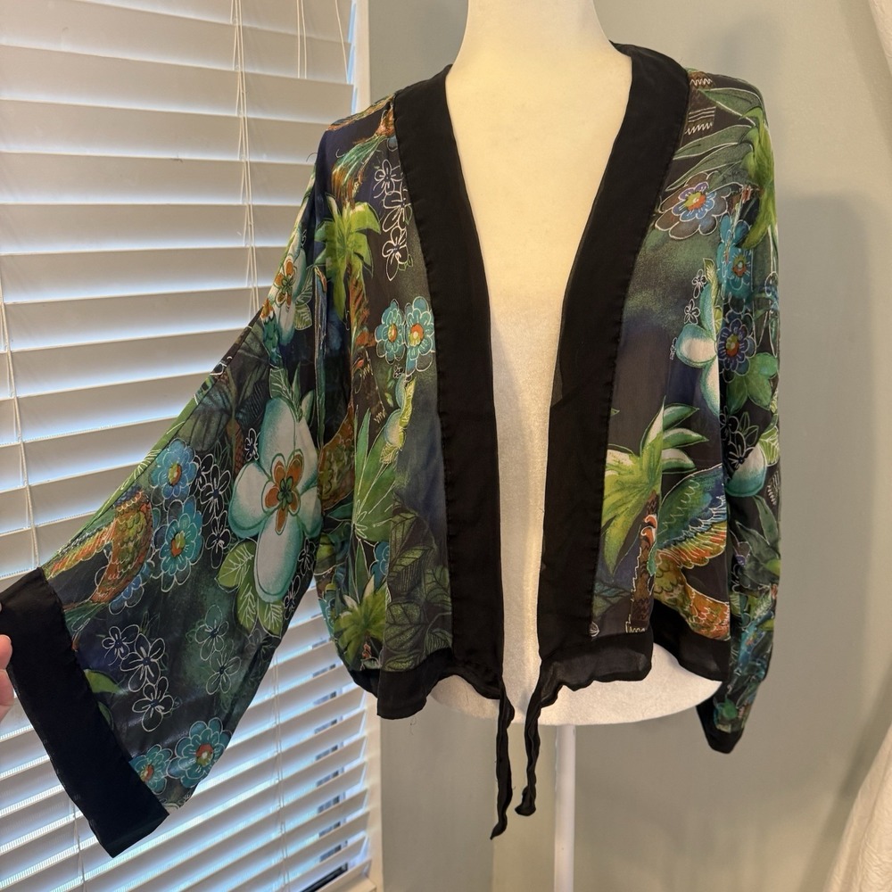 Chico's Kimono Wrap Womens XL 3 Tropical 100% Silk Sheer Open Front Cardigan